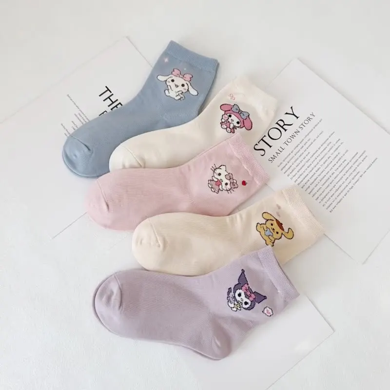 

5Pairs Sanrio Hello Kitty Children Socks Cinnamoroll Kuromi Kawaii New Fall Winter Cartoon Boy Girls Cotton Mid-calf Socks Gifts