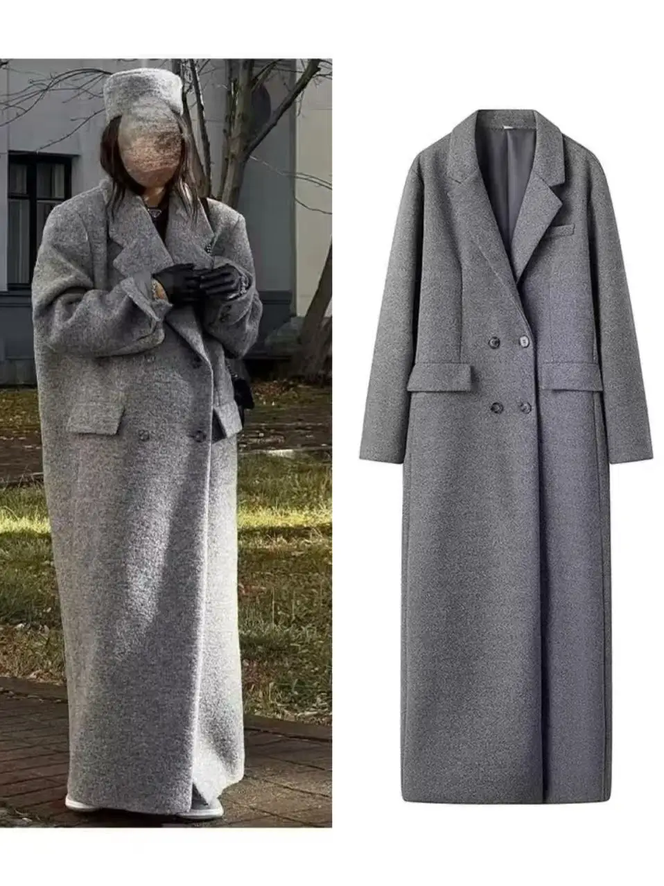 

2025 Fashion Grey Longline Women's Coat Double-breasted Long-sleeved Overcoat with Lapel Collar