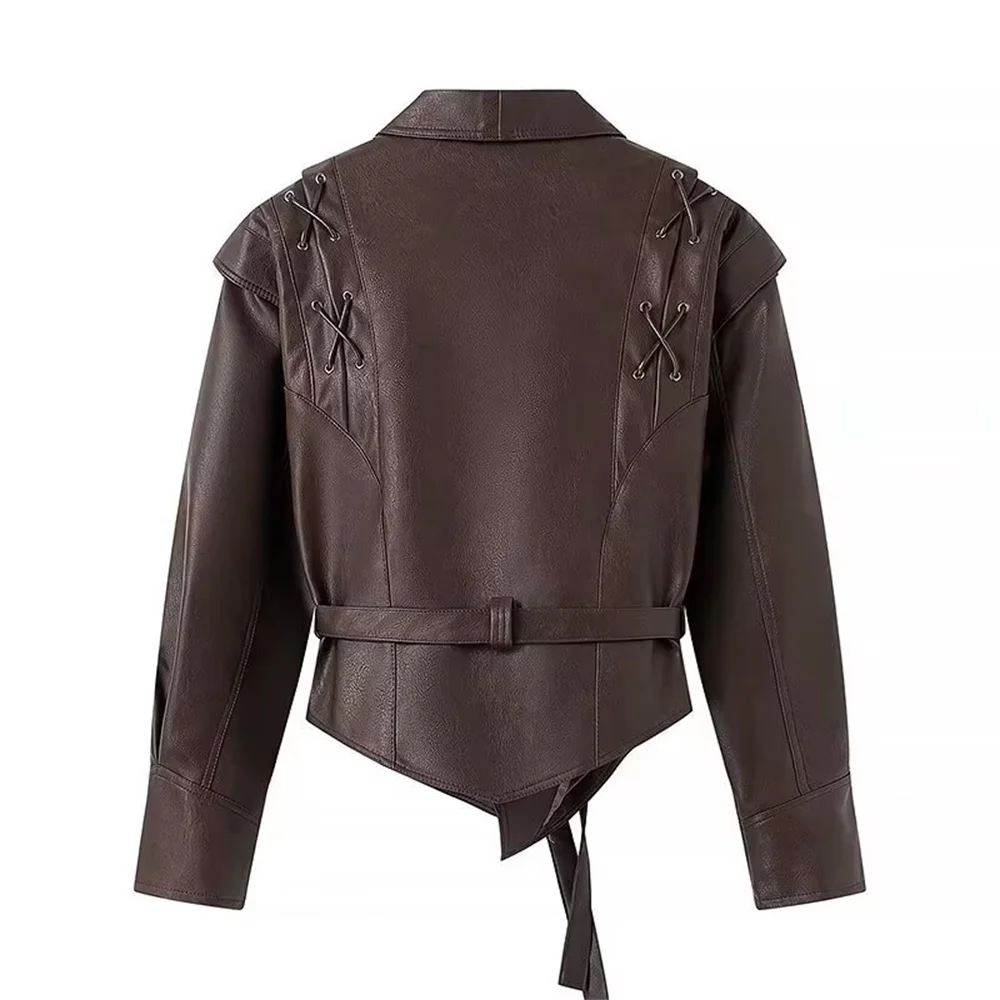 UNIZER's new women's fashion casual versatile retro belt decoration long sleeved single breasted leather jacket