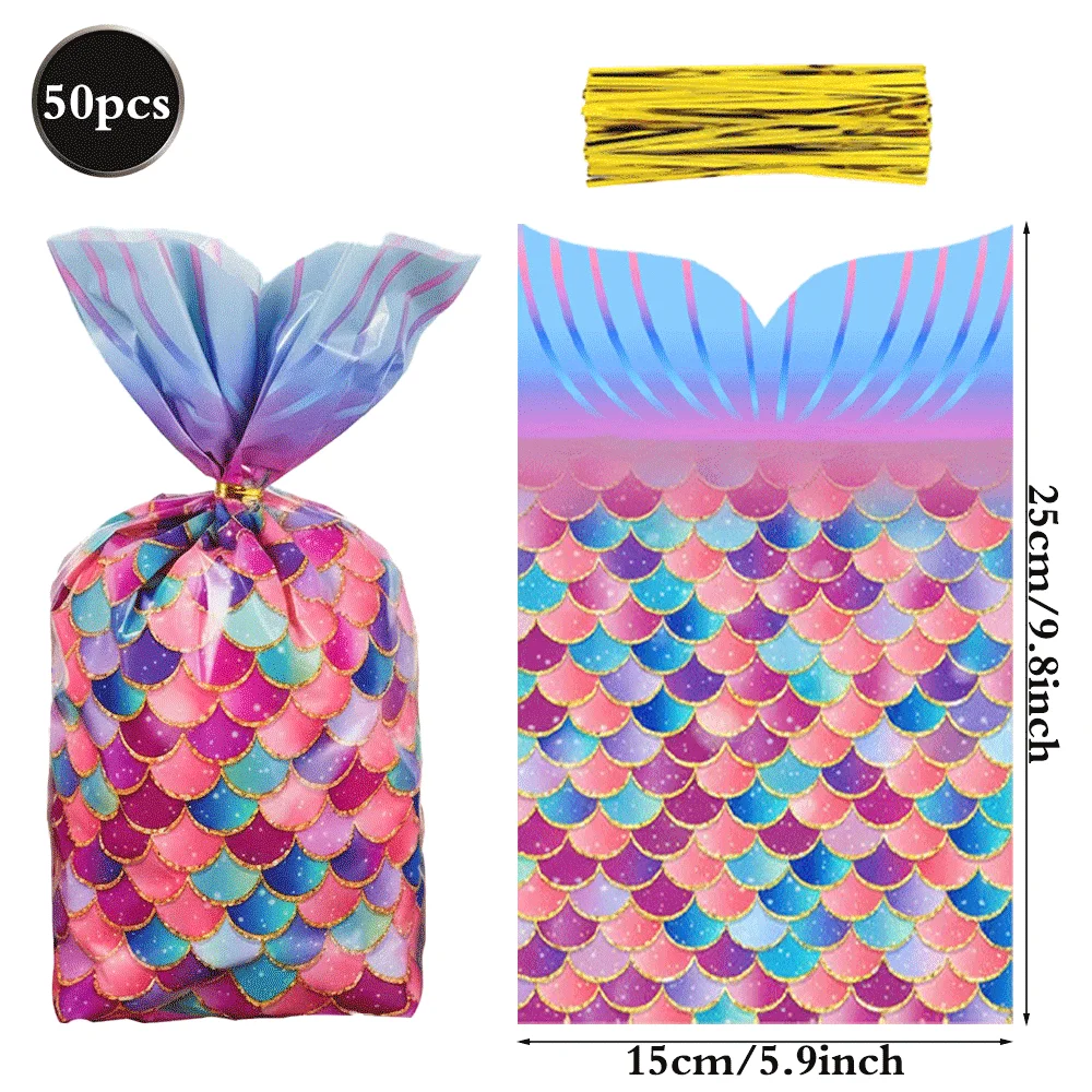 50 Stück Meerjungfrauen-Party-Geschenktüten, Zellophan-Süßigkeitenbeutel, Unterwasser-Thema, Mädchen-Geburtstagsparty-Deko, Baby-Shower-Zubehör – Detail 3