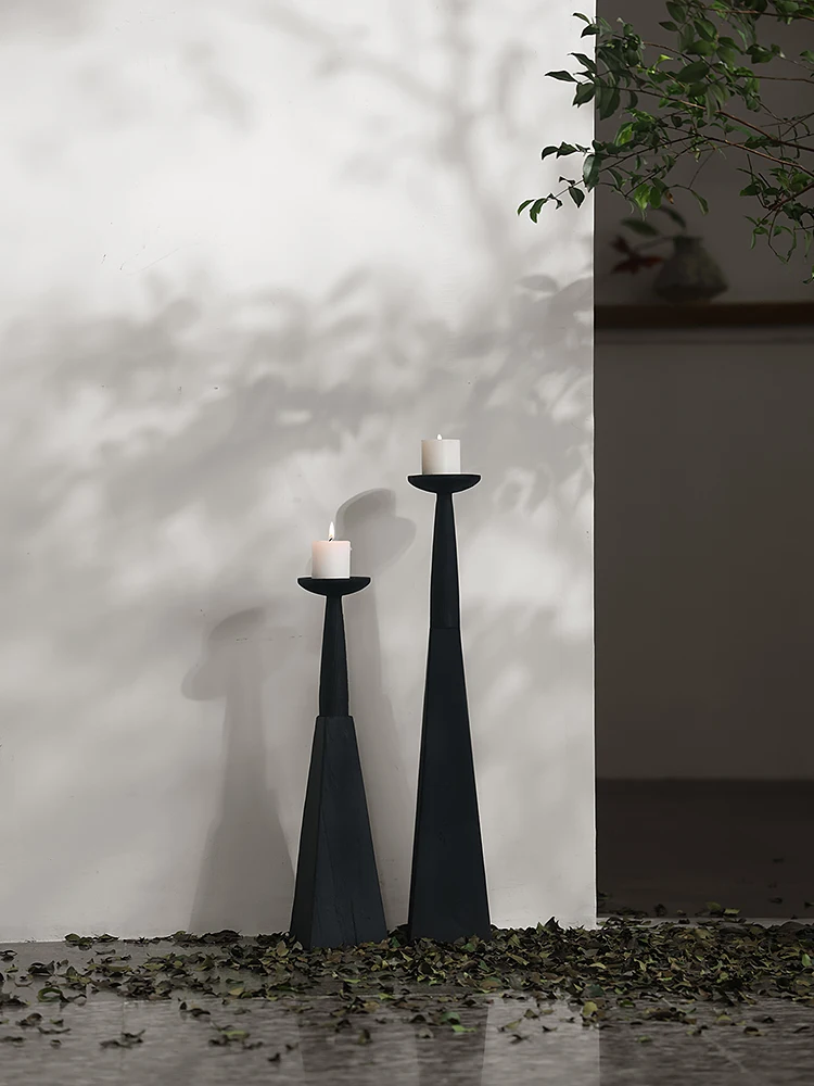 Floor standing candlestick, solid wood carbonization, Japanese retro made old lampholder, Chinese Zen style candlestick