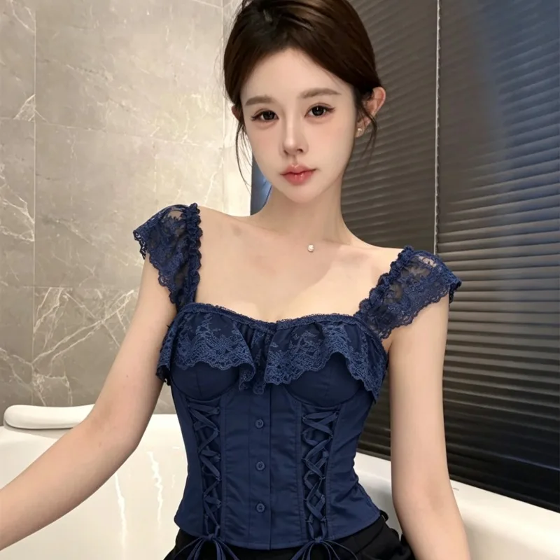 Lace Patchwork Crop Top Women's Summer New Style Slim Fit Waist Cinching Strap Vest Breathable Quick Dry V Neck Short Length