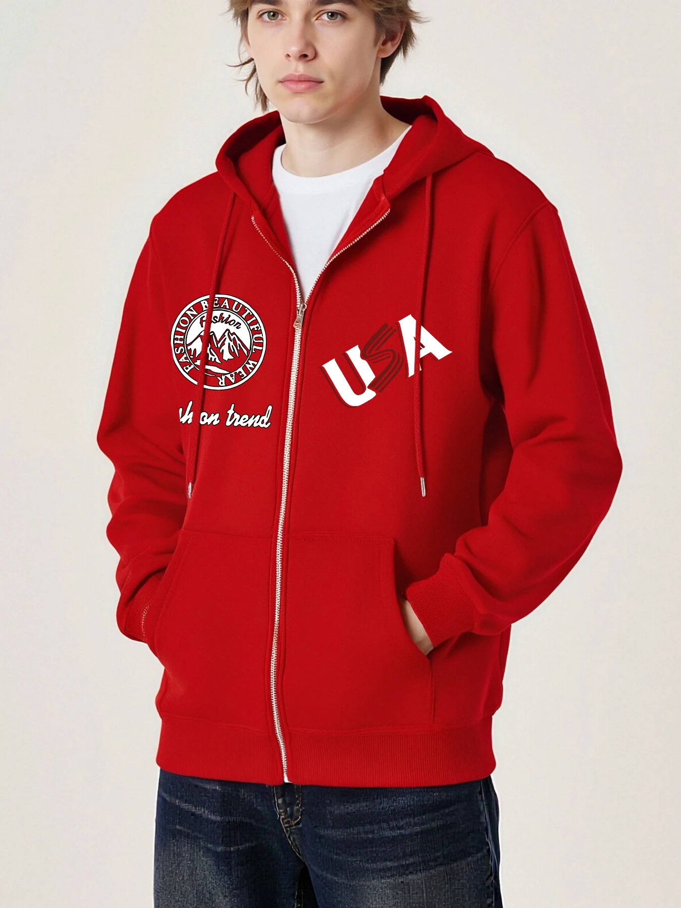 

Usa Pashion Beautiful Wear Print Zipper Jacket Men Casual Pocket Hoodies Fashion Loose Long Sleeve Unisex Autumn Fleece Pullover