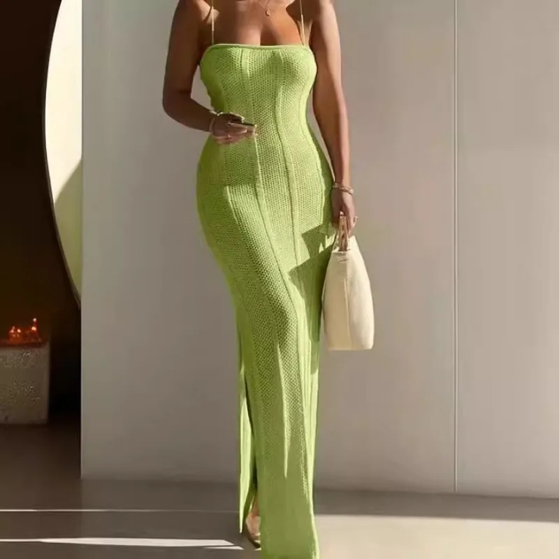 Wiosenna i letnia nowa dzianinowa sukienka sweterkowa seksowna czysta wiatr Spice Girl Halter pasek do pończoch długie sukienki dla kobiet