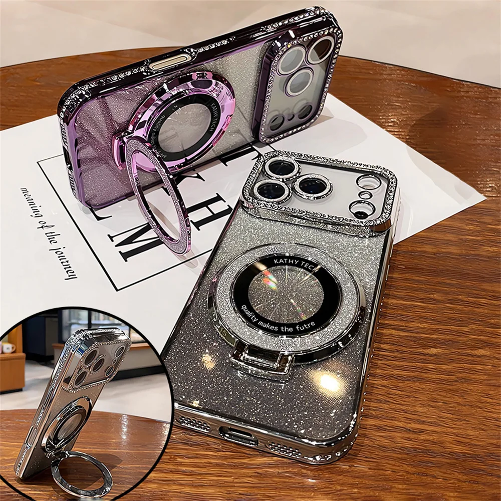 حجر الراين الإطار درع بريق أضعاف حامل المغناطيسي جراب هاتف آيفون 17 16 15 14 13 12 برو ماكس الفاخرة 3IN1 لامعة غطاء شفاف