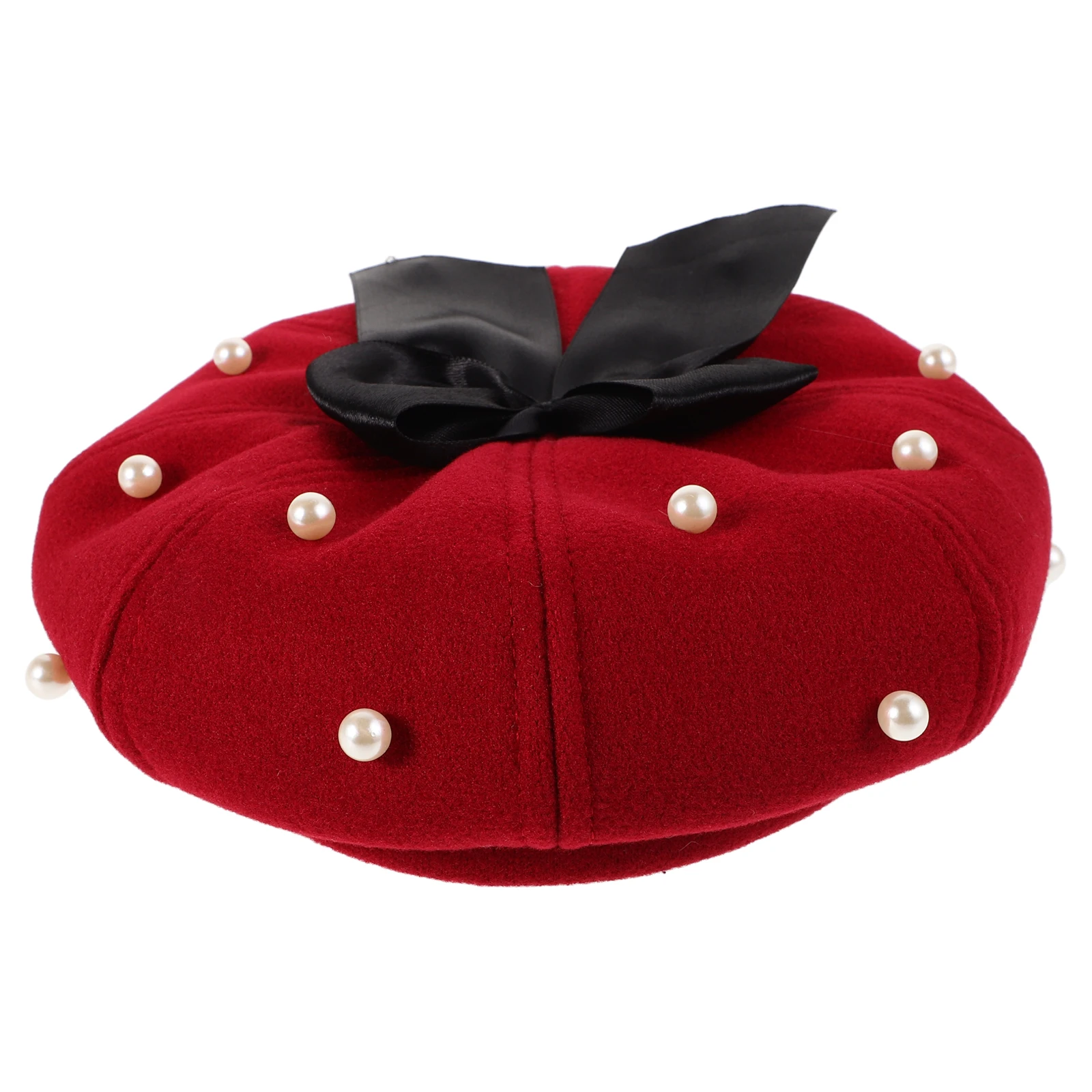 

Women'S Pearl Beret Hat Bowknot Design Classic Retro Octagonal Cap Red Newsboy Hat For Women Vintage Fashionable Beanies Elegant
