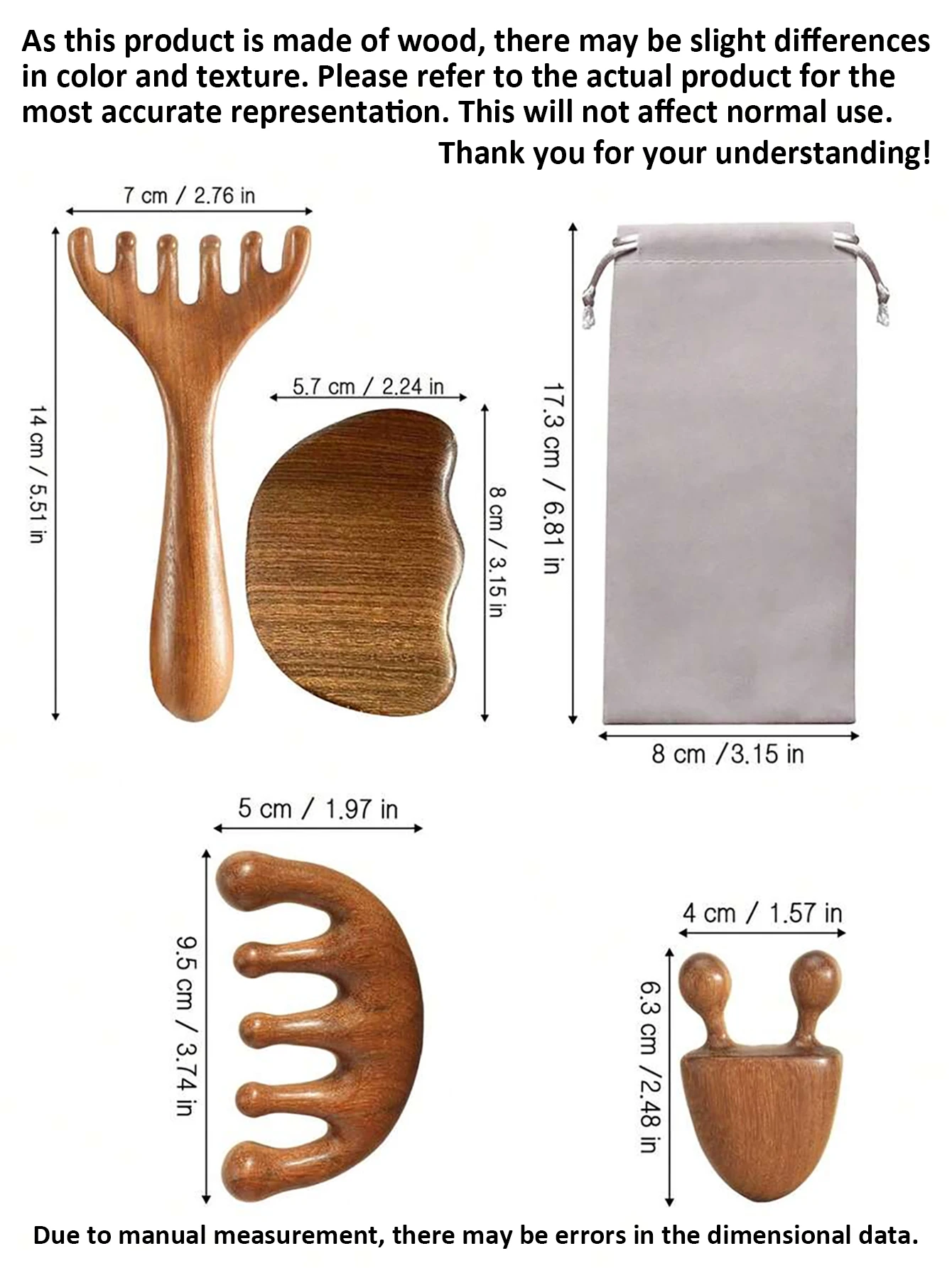 4/2-Piece Set of Sandalwood Massage Tools for Facial Gua Sha Massage, Including a Head Massage Comb, Facial Beauty Massage Stick, and Body Gua Sha Board, for Meridian and Muscle Relaxation.