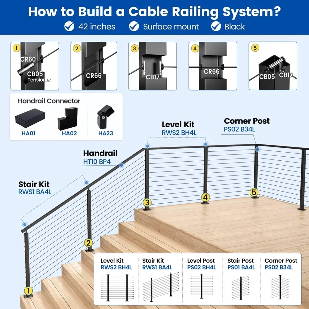 Black Stair Cable Railing Post 42 Inch Stainless Steel T304 Outdoor Indoor Staircase Structural Kit Weather Resistant
