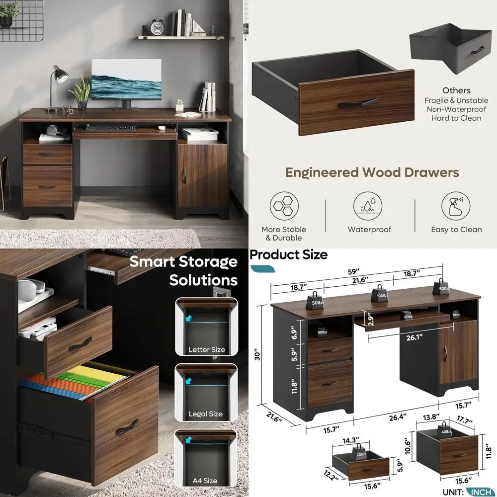 Executive 59 Desk with Storage Cabinet and File Drawer, Industrial Style Computer Desk with 2 Drawers and Keyboard Tray