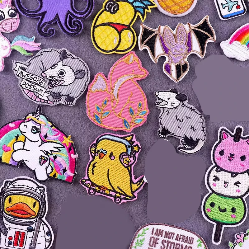 Parches de animales de ratón de dibujos animados para ropa, parches bordados para ropa, parches para planchar, insignia de pájaro/zorro a rayas, camiseta para niños