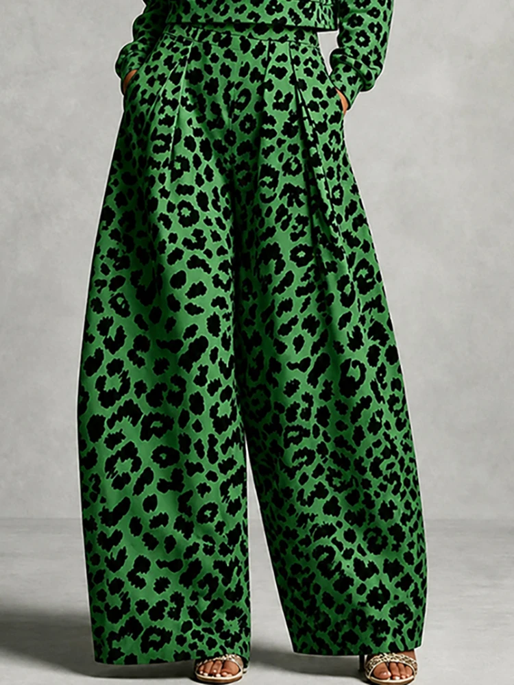 UOOZEE Women's Trendy Contrast Color Print Wide Leg Matching Pants High Waist Pleated Loose Pockets Casual Full‑Length Trousers