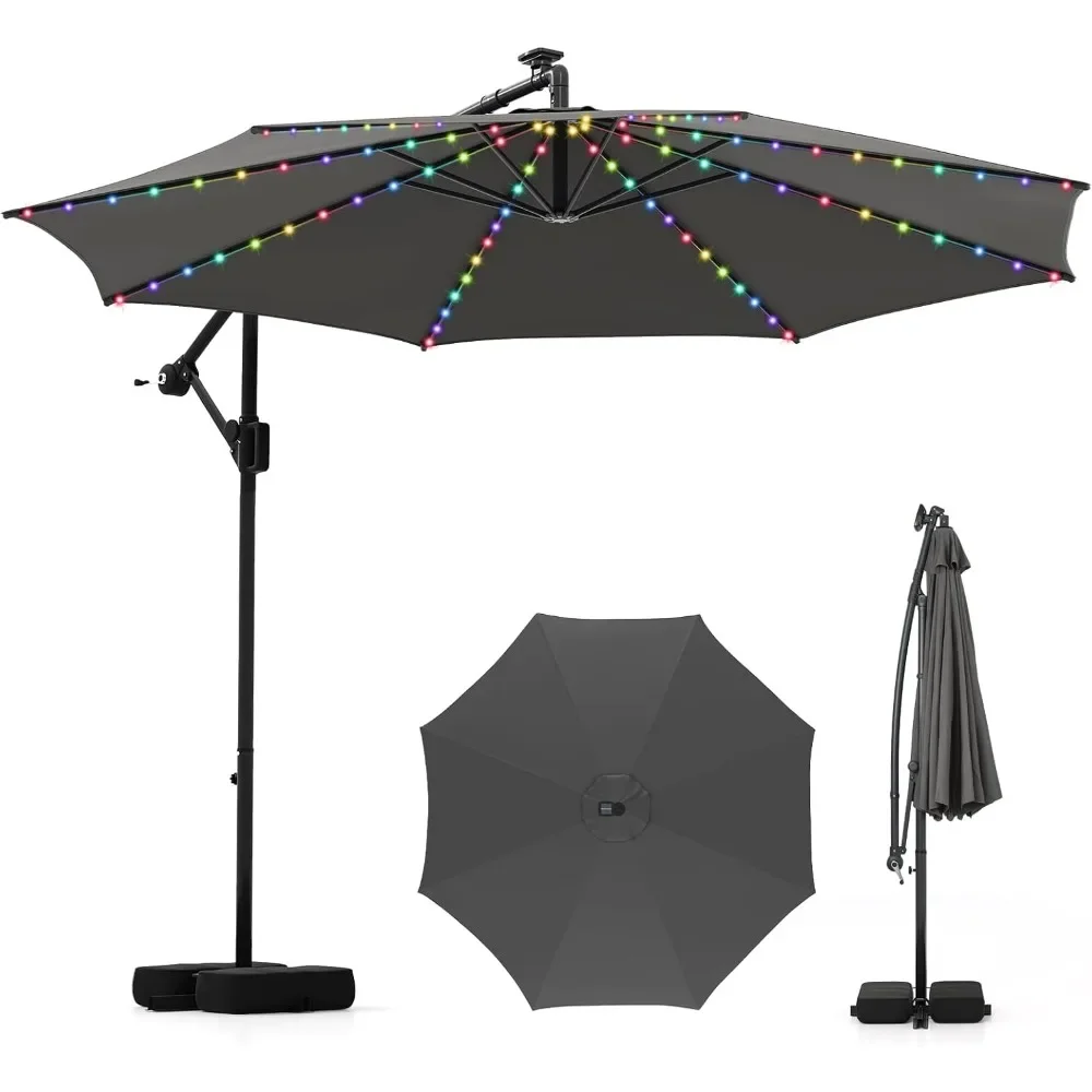 

10 FT Solar Cantilever Patio Umbrella with Base, Offset Hanging Outdoor Umbrella with 96 Multi-Colored Flowing LED Light