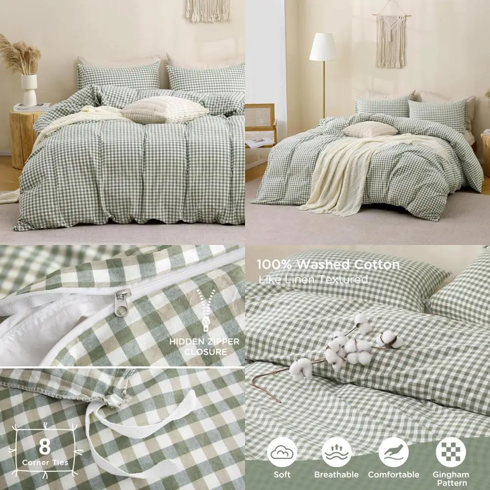 

Vintage Plaid 3-Piece Duvet Cover Set - 100% Soft Washed Cotton, Linen-Like Feel, Comfortable Bedding