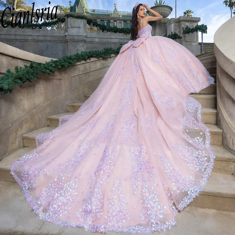 

Pink Spaghetti Straps Ball Gown Quinceanera Dresses Sequined Appliques Lace Bow Mexican Sweet 16 XV Anos