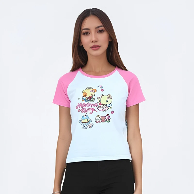 T-shirt patchwork bianca rosa con stampa gatto girocollo T-shirt corte slim carino Kawaii estate 2024 donna giovane casual top a maniche corte