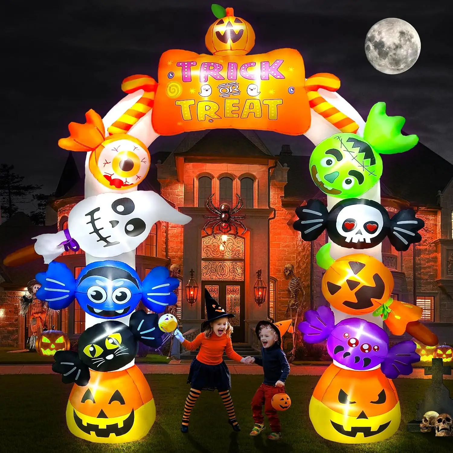 Giant Halloween Inflatable Archway 10FT Tall - Blow Up Pumpkin Arch with Candy Ghost & LED Lights for Yard Garden Lawn Outdoor Decoration