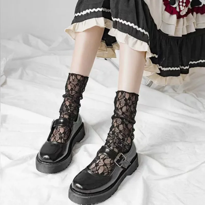 Sexy Women Lace Socks Japanese Lolita White Long Mesh Hosiery Summer Cartoon Flower Pattern Sock  Pregnant Women Accessories