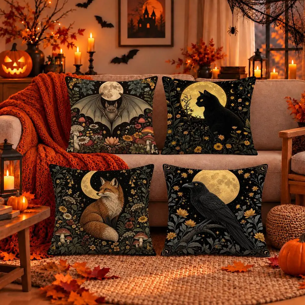 Art Halloween Midnight Moonlit Forest Cushion Cover Dark Gothic Plush Pillow Covers for Sofa Bedroom Home Decor