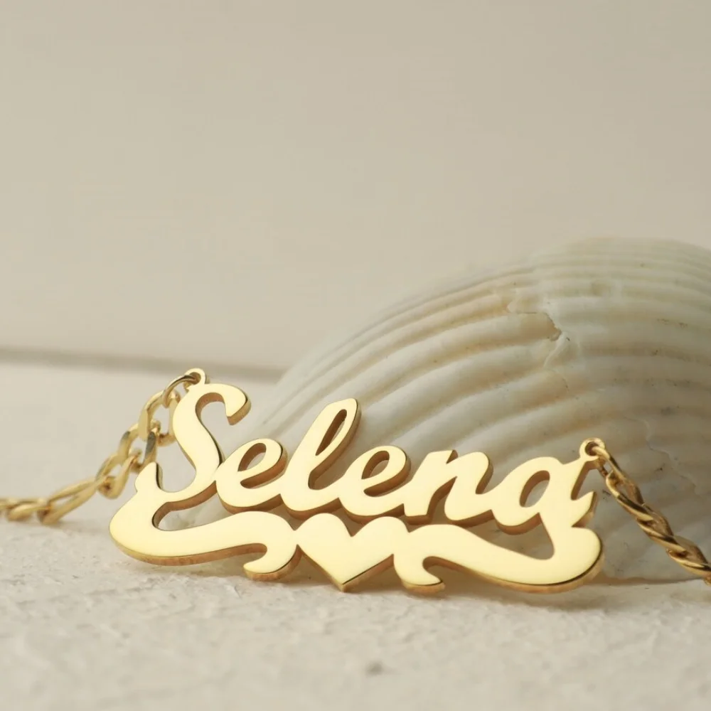 Custom Cursive Name Heart Necklace Personalized Script Nameplate Pendant Figaro Chain Necklace Stainless Steel Fashion Jewelry