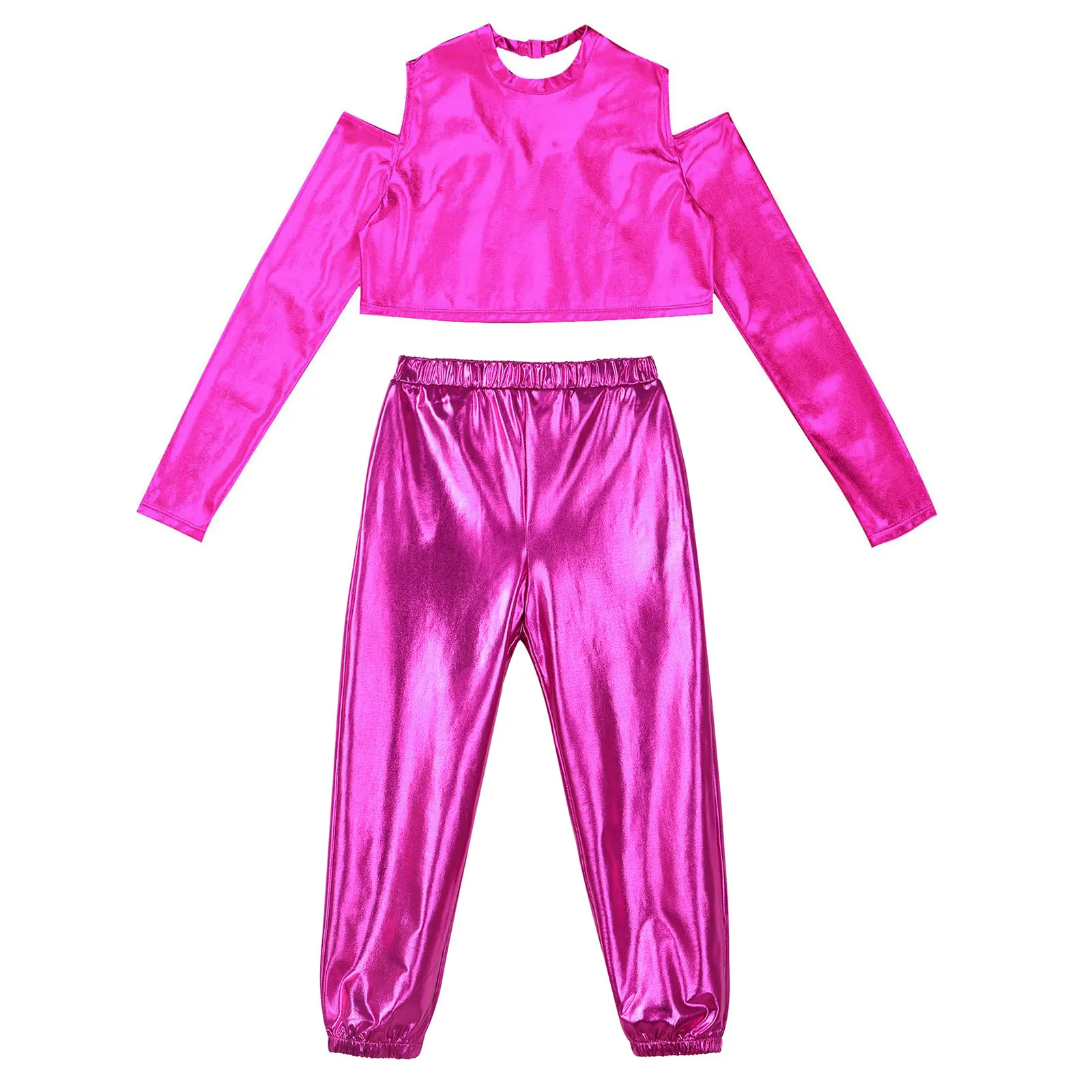 Moderne Jazz Hippie Street Dance Kostuum Metallic Off Shoulder Crop Top Shirts Met Harembroek Atletische Sweatsuits