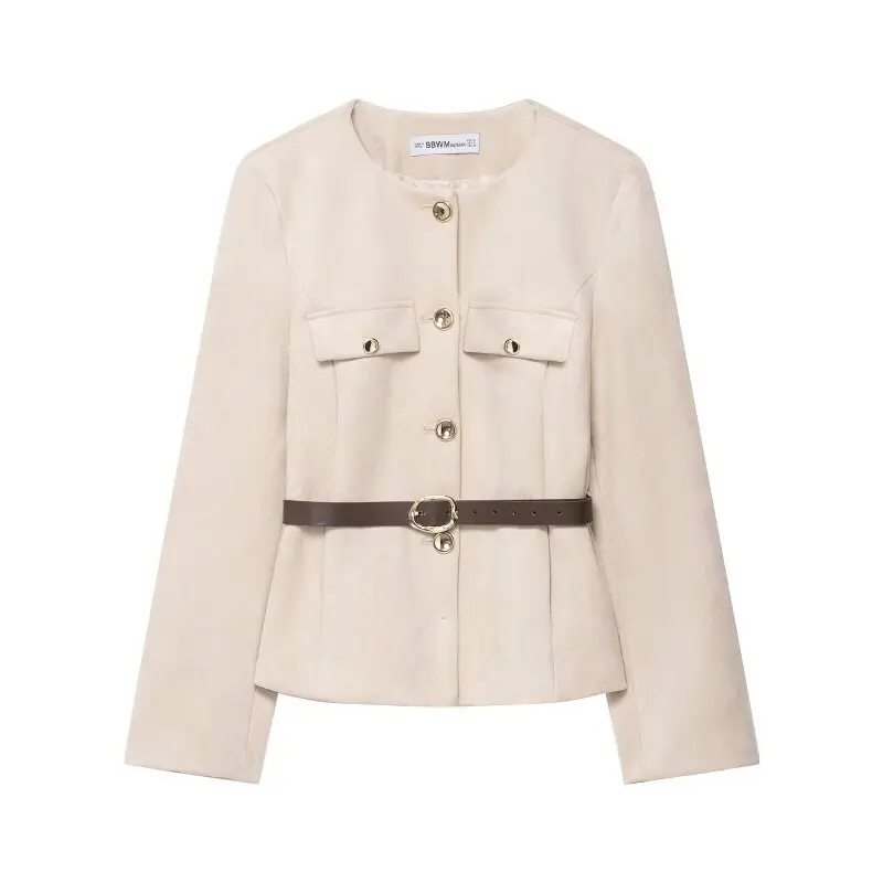 خمر الجلد المدبوغ سطح الملمس الطيار سترة عصرية أنيقة سيدة معطف دافئ س الرقبة كامل الأكمام حزام الشارع الشهير القمم #5