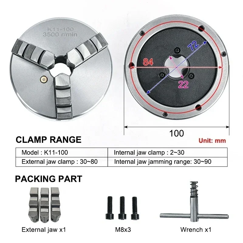 Jaw self-centering chuck K11-100 manual metal lathe chuck for mini lathe