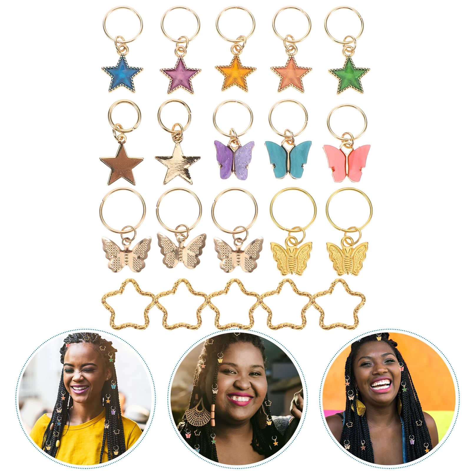 

20pcs Spring Hair Braid Clips Star Beads Cuff Rings Flower Charms Dreadlock Jewelry Accessories Butterfly Metal Pendants No Slip