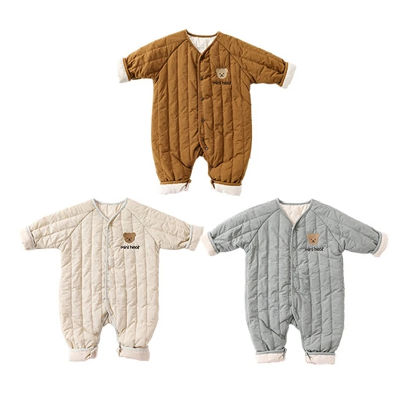 

Toddlers Lightly Padded Romper with Delicate Bear Embroidery, Fashionable and Easy to Wear Jumpsuit for Fall Winter