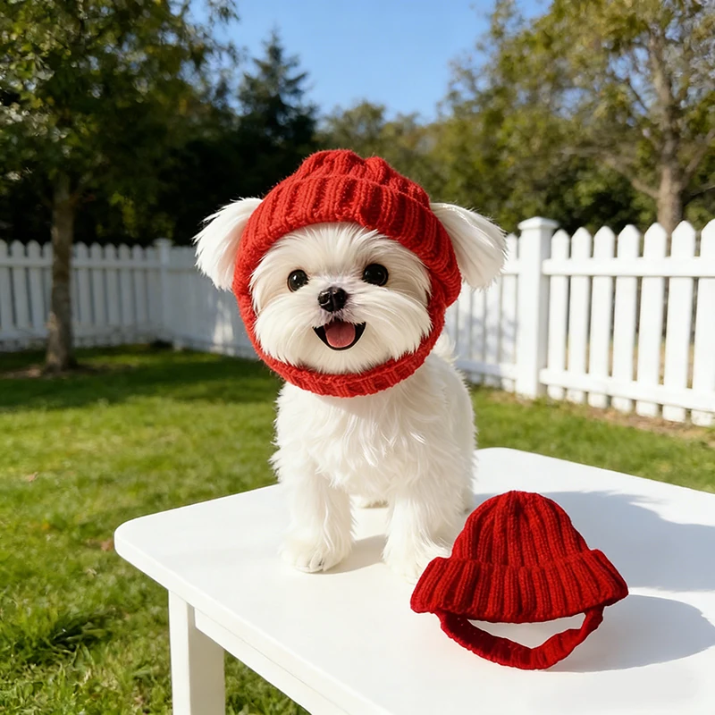 Red Winter Pet Hat Comfortable Warm Windproof Knitted Dog Headwear Machine Washable Fashion Accessory for Small Dogs