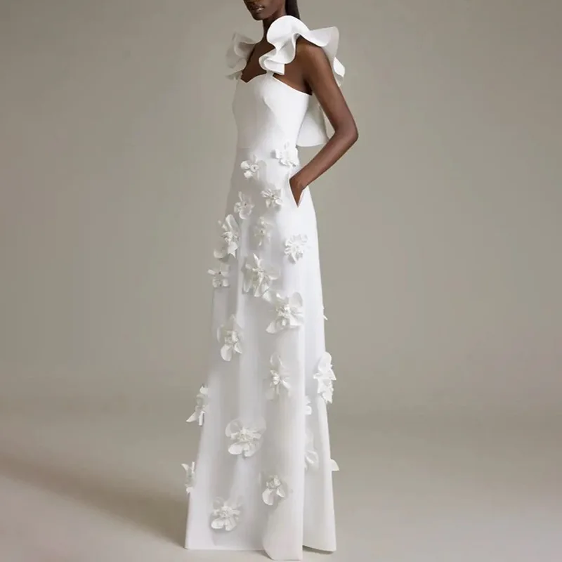 

High-end splicing flower white slim-fitting and thin backless dress women's fashion simple luxury temperament elegant high-end r