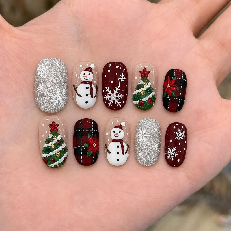 24Pcs Press-On Nails Red Checkered Snowflake Christmas Tree and Snowman Designs—Perfect As A Gift for Girls or For Everyday Wear