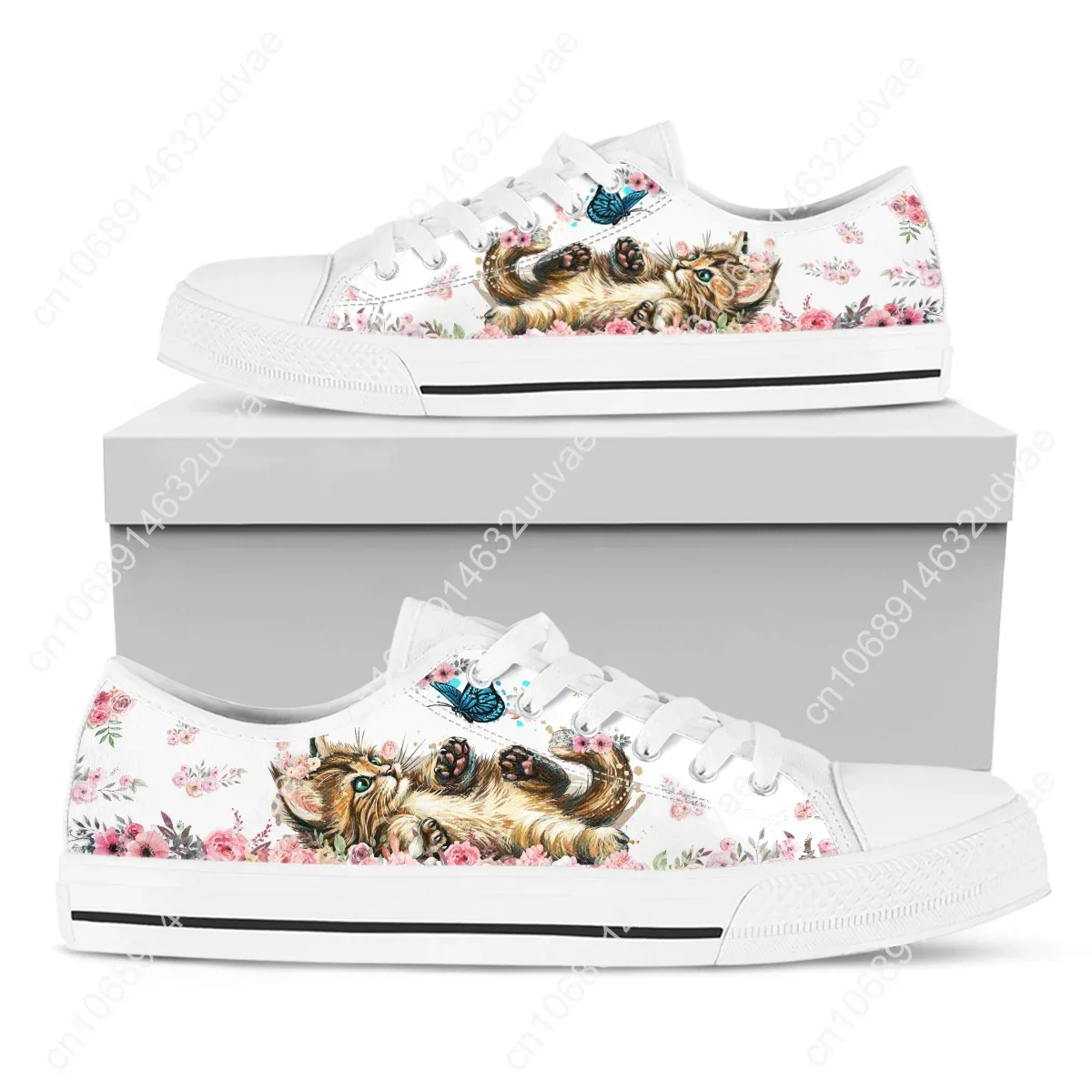 Tênis de lona baixa para mulheres, estampas fofas de gato, sapatos solteiros, sapatilhas de cores doces, moda feminina