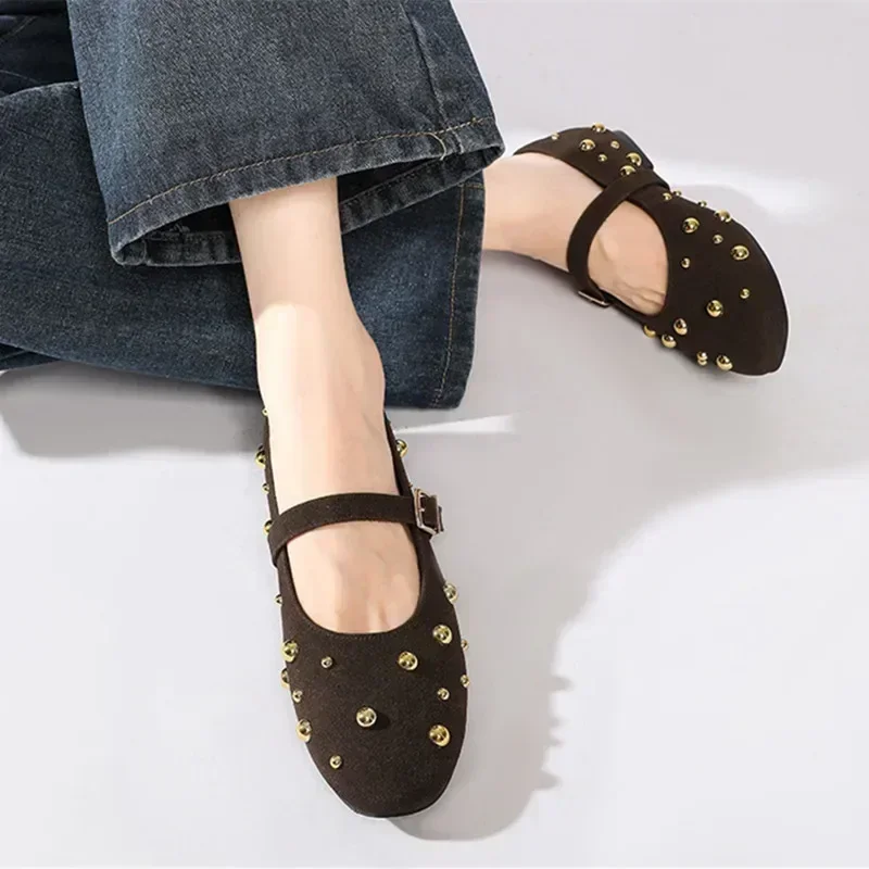 Cool Gold Rivets Design Ballet Flats Women Faux Suede Belt Metal Buckle Low Heel Women Shoes Non-slip Soft Sole Mary Jane Shoes image 6
