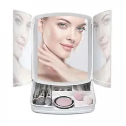 Tri-Fold Foldable Light-up Mirror with Storage Tray - 4 Compartments - 5X Magnifying - Perfect for Travel and Storage