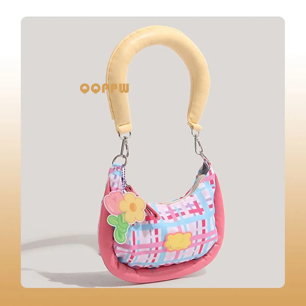 

awaii Candy Cute Color Grid Lines Handbag Single Shoulder Bag Storage Bag Mobile Phone Bags Women's Bags Purse