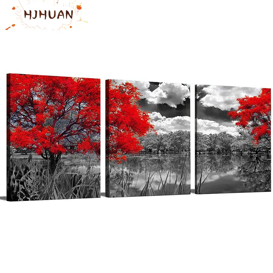 

3pcs Black and white nature landscape, red trees Diamond Painting Full Square/Round Drill Sale Diamond Picture Home Decor Gift