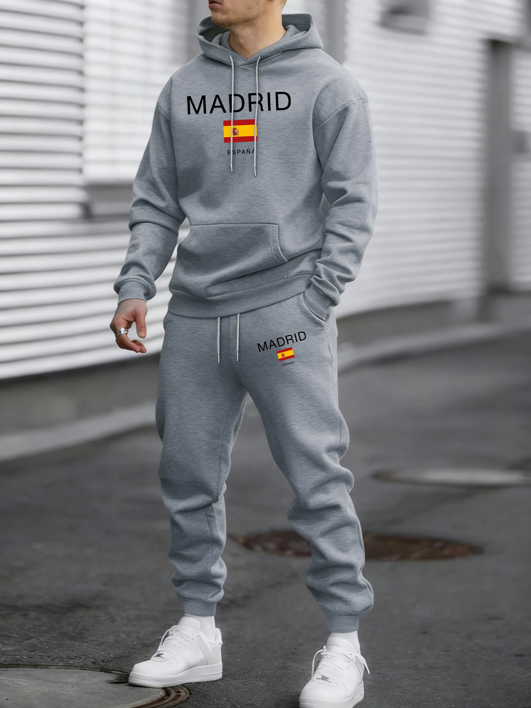 Madrid Spain Flag Design Mens Tracksuit Soft Simple Pocket Pants All-Match Vintage Hoodies Unisex Autumn Fleece Casual Suits