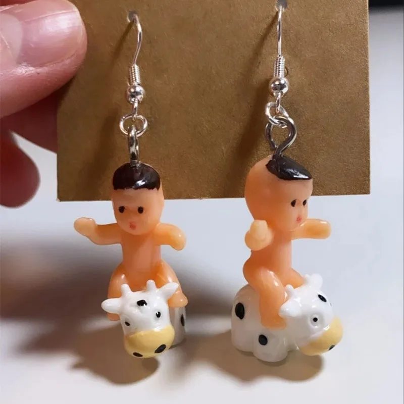 Baby Riding Cow Earrings Weird Quirky Weird but funky earrings accessory cute earrings women 2022 trending