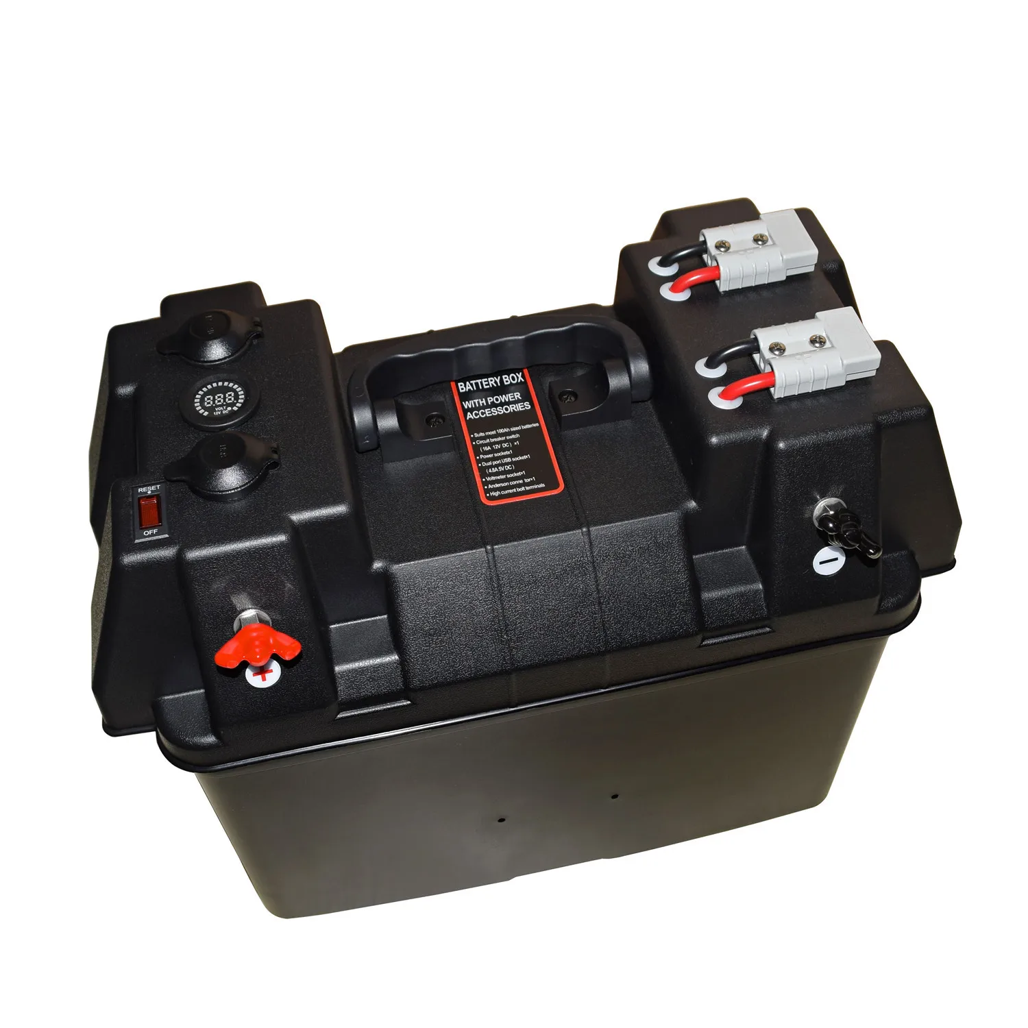 Manufacturer Portable Battery Box 12V Dual Battery System Battery Box with Ander Plugs, Voltmeter, USB & Outlet for Car Marine