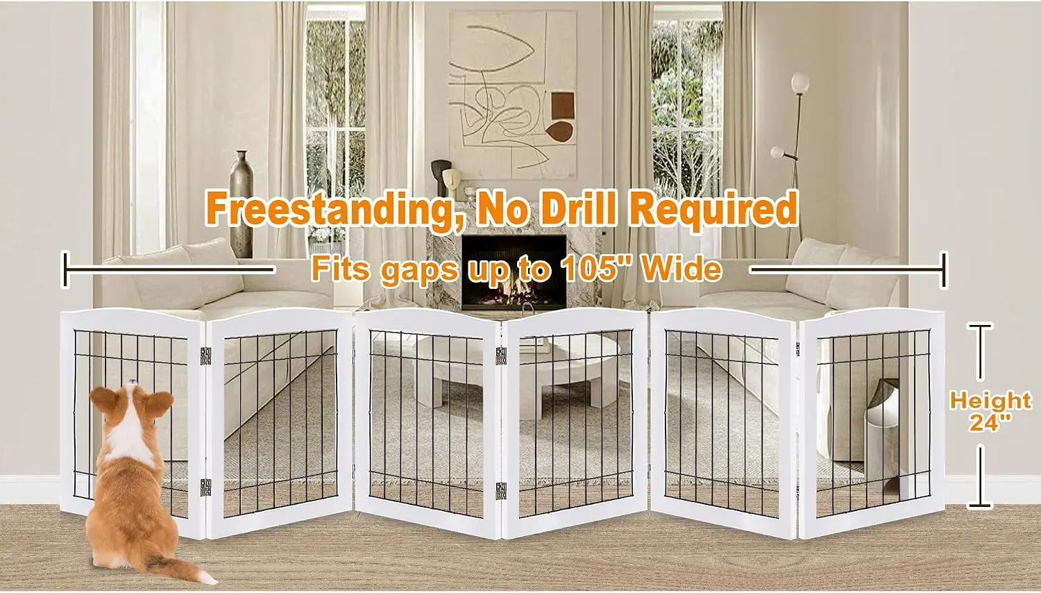 6 Panel Extra Wide Wooden Freestanding Dog Gate Foldable Solid Timber Steel Wire Chew Resistant Safety Barrier Doorway Stair Ope
