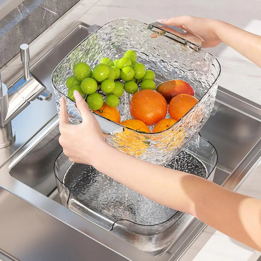 Drain Basket Large Capacity Double-Layer Vegetable And Fruit Sink with Handle Dual-Purpose Plate And Basket Glacier Pattern Bask
