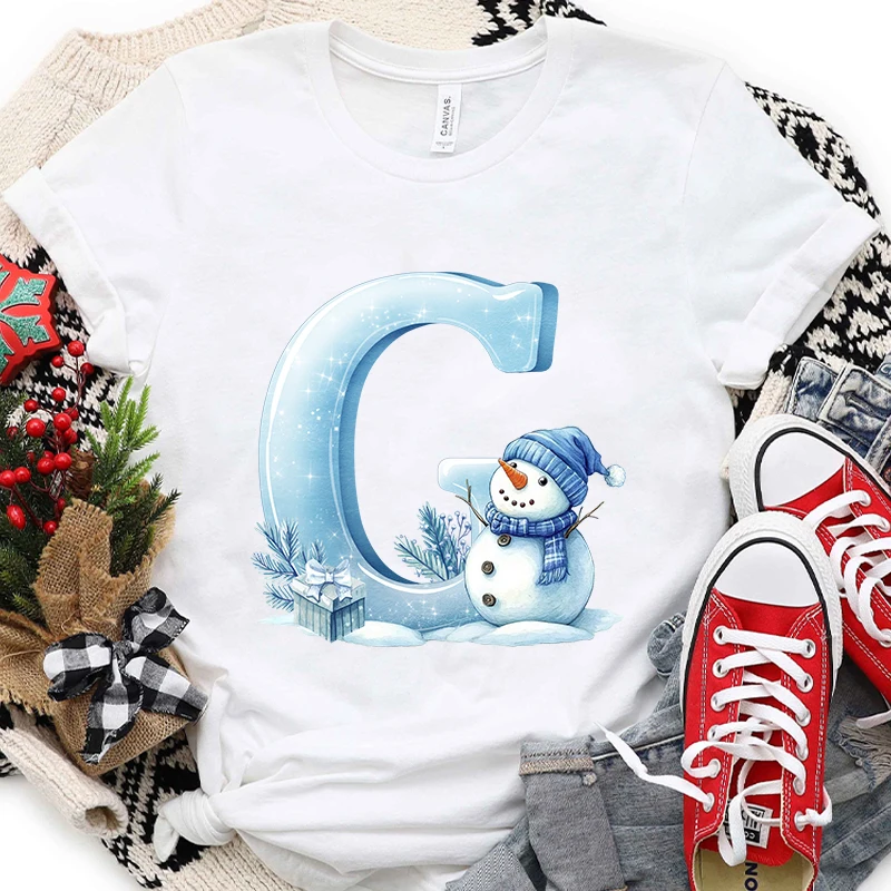 Xmas A-Z Alphabet Women’s T-shirt, Santa Holiday Print Snowman Graphic Tee Shirt, Casual Christmas Party Fashion Female Clothing
