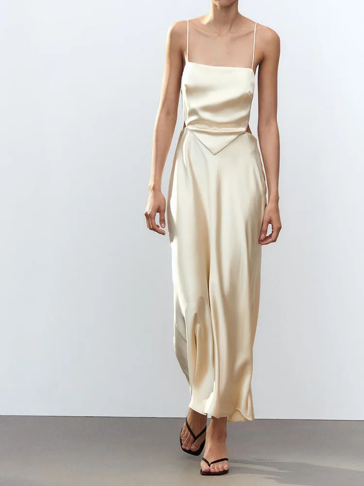 فستان صيفي جديد للنساء، فستان طويل مثير من الحرير الساتان بدون حمالات، مفتوح من الخصر، على الطراز الأوروبي، بخصر ضيق، بدون أك... #4