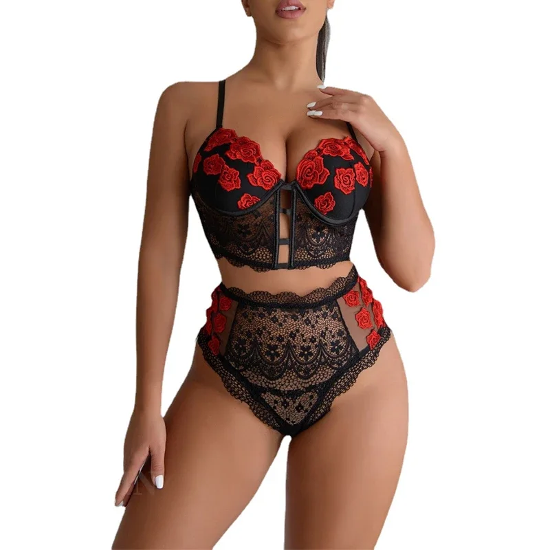 

Fashion Sexy Red Floral Hollowed Out Lace Bra and Panty Set Lace Embroidery Fun Set Womens Fun Lingerie See Through Bra Set