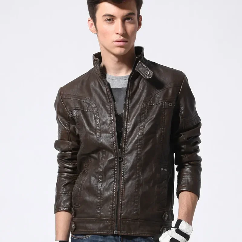 Mens Faux Leather Fashion Slim PU Leather Brown Motorcycle Jacket Biker Moto Jacket Male Plus Size 5xl Thick Winter Windbreaker