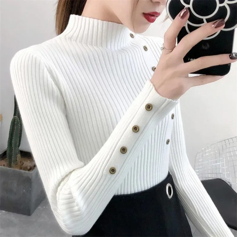 2025 Autumn Knitted Turtleneck Sweaters Women Solid Knitted Female Cotton Soft Elastic Color Slim Pullovers Button Full Sleeve