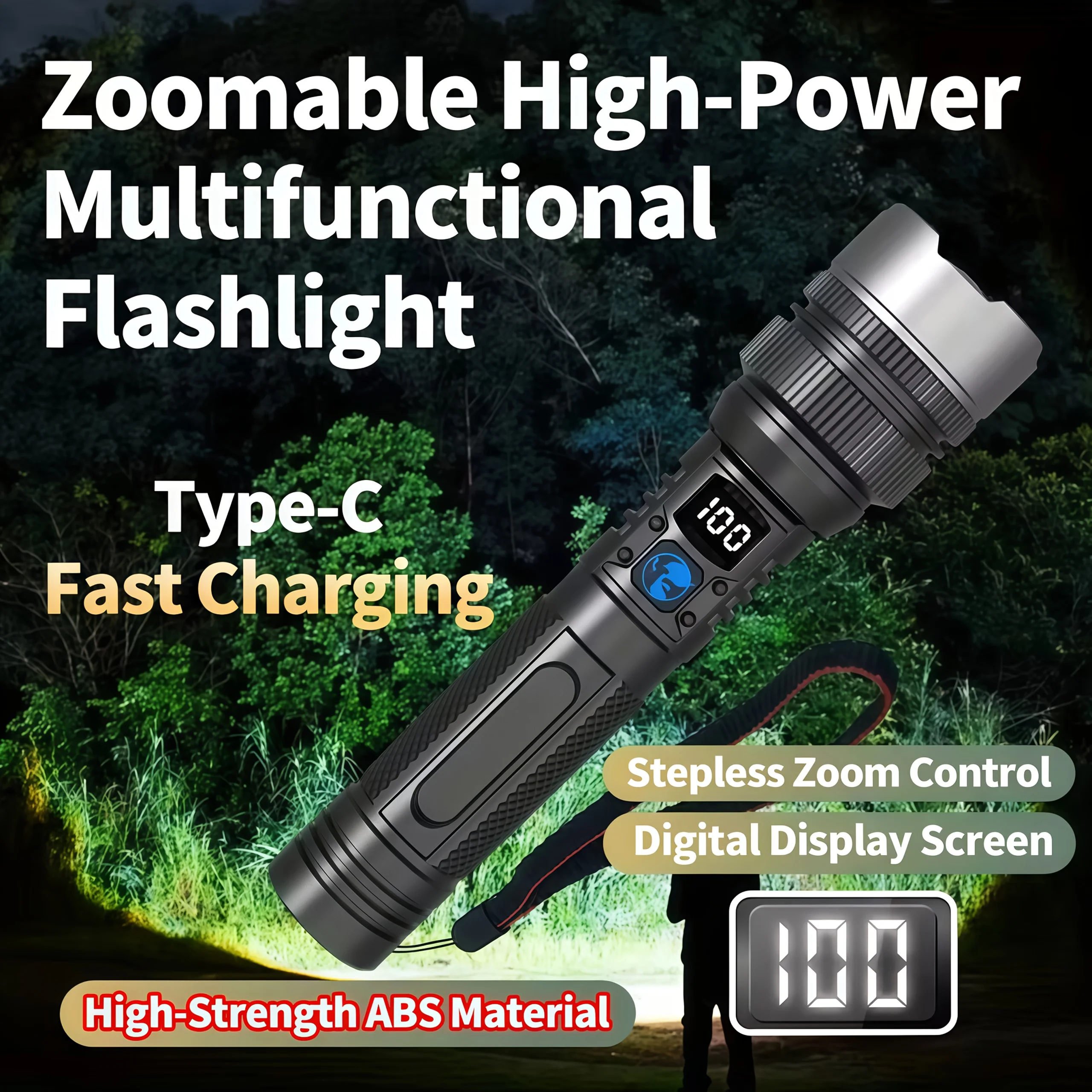 Leistungsstarke LED-Taschenlampe, Batterieanzeige, wiederaufladbares USB-Licht, Teleskop-Zoom, Taschenlampe, Lampe, Outdoor, Camping, Angeln, Laterne