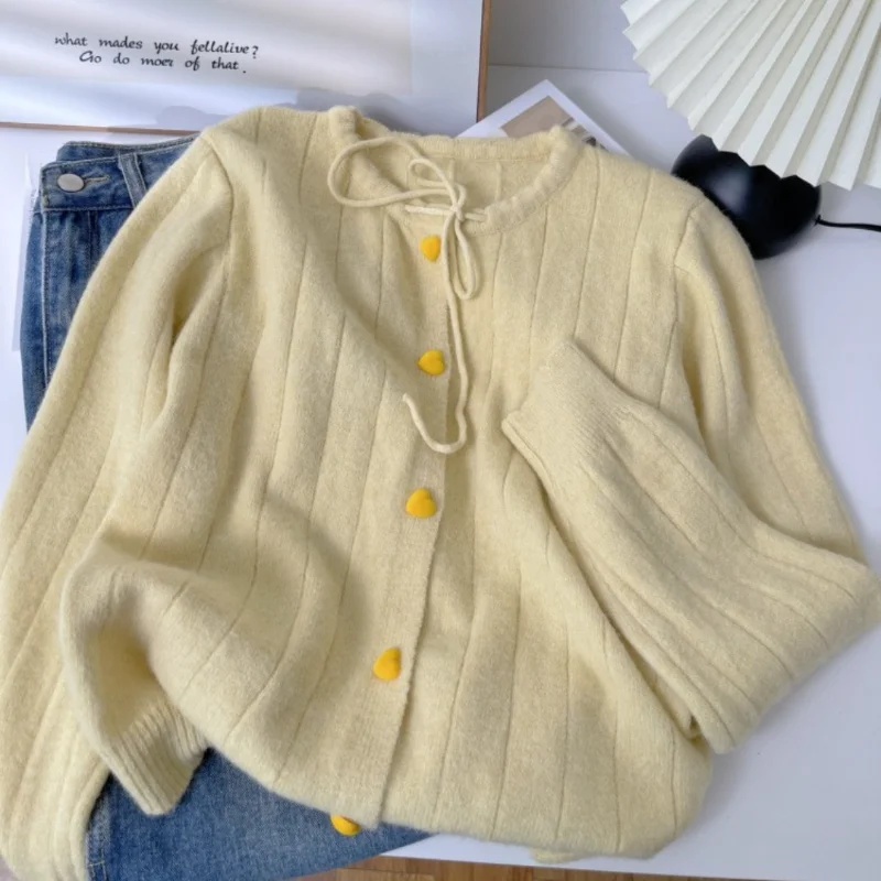 Women Round Neck Drawstring Heart Button Ribbed Knit Cardigan Long Sleeve Sweater