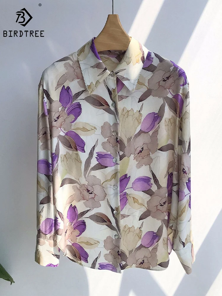 Birdtree 19MM 100%Mulberry Silk Elegant Shirts Long Sleeve Sandwash Floral Print Loose Blouses Autumn Winter New Tops T39620QM