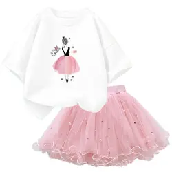 Fashion Summer Girls Outfits Pretty Ballet Dance Girl T-shirt and Tutu Skirt Set for Princess Clothes Suit Children Clothing